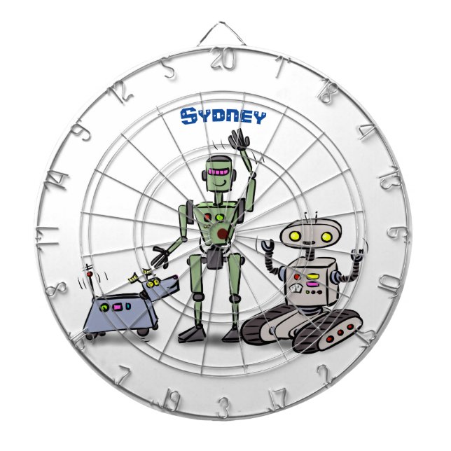 Happy cute robots trio cartoon dart board (Front)