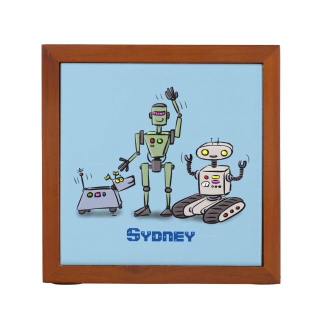 Happy cute robots trio cartoon desk organizer (Front)