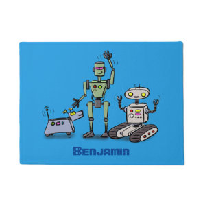 Happy cute robots trio cartoon doormat