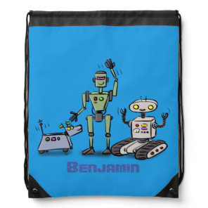 Happy cute robots trio cartoon drawstring bag