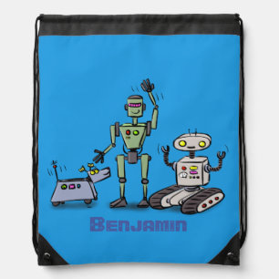 Happy cute robots trio cartoon drawstring bag