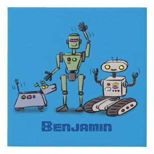 Happy cute robots trio cartoon faux canvas print