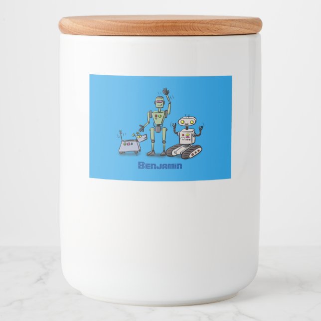 Happy cute robots trio cartoon food label (Front)