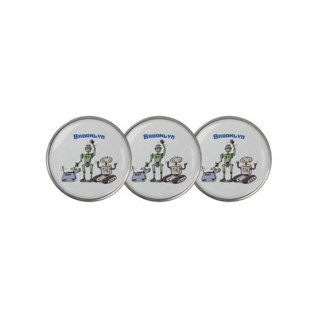Happy cute robots trio cartoon golf ball marker (3 Up)