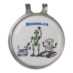 Happy cute robots trio cartoon golf hat clip