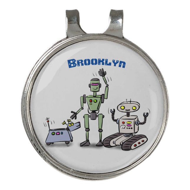 Happy cute robots trio cartoon  golf hat clip (Front)