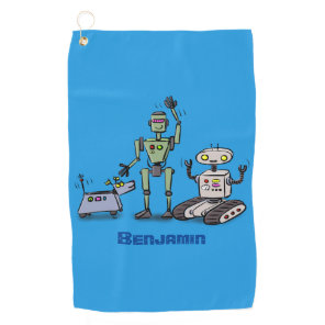Happy cute robots trio cartoon  golf towel