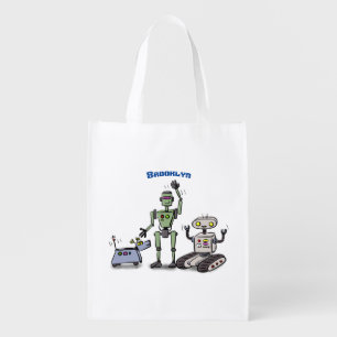 Happy cute robots trio cartoon grocery bag