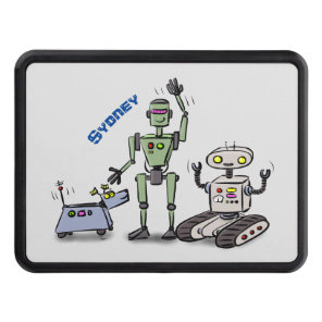 Happy cute robots trio cartoon hitch cover