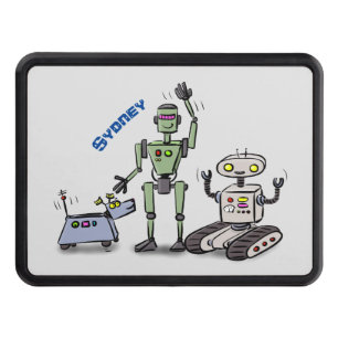 Happy cute robots trio cartoon hitch cover