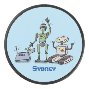 Happy cute robots trio cartoon hockey puck