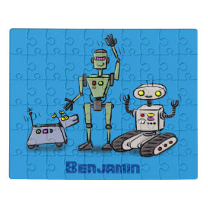 Happy cute robots trio cartoon jigsaw puzzle