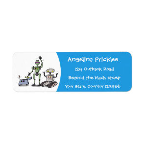 Happy cute robots trio cartoon label