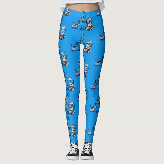 Happy cute robots trio cartoon leggings (Front)