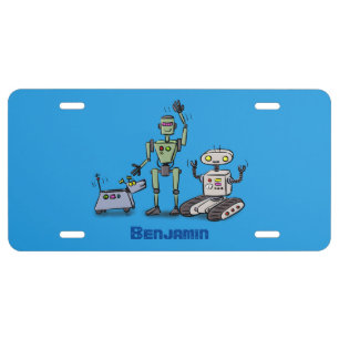 Happy cute robots trio cartoon license plate