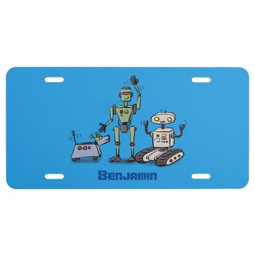 Happy cute robots trio cartoon license plate
