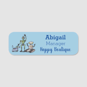 Happy cute robots trio cartoon name tag