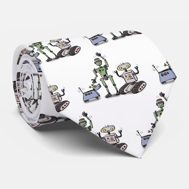 Happy cute robots trio cartoon neck tie (Rolled)