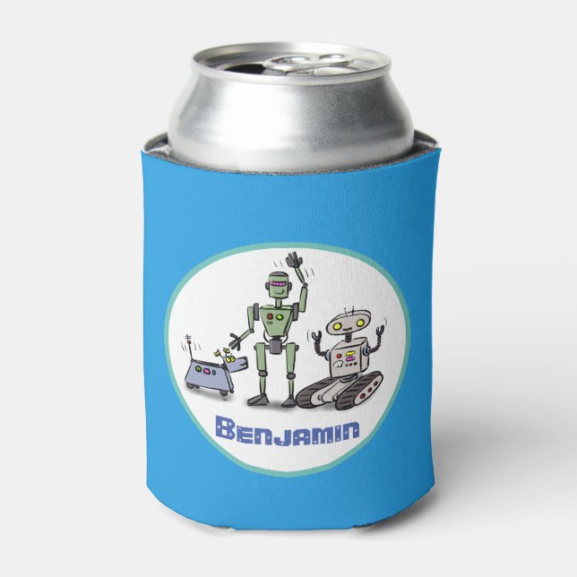 Happy cute robots trio cartoon on blue background can cooler (Can Front)