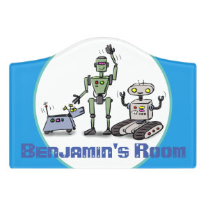 Happy cute robots trio cartoon on blue background door sign