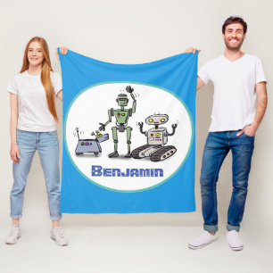 Happy cute robots trio cartoon on blue background fleece blanket