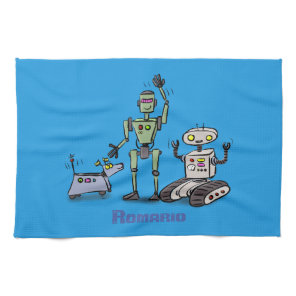Happy cute robots trio cartoon on blue background kitchen towel