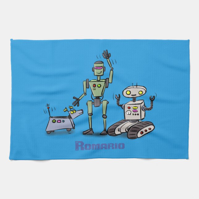 Happy cute robots trio cartoon on blue background kitchen towel (Horizontal)