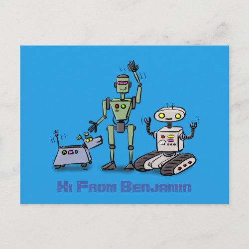 Happy cute robots trio cartoon on blue background postcard