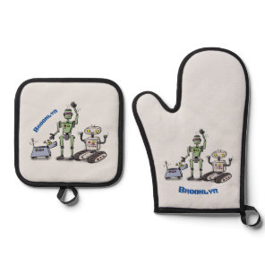 Happy cute robots trio cartoon oven mitt & pot holder set