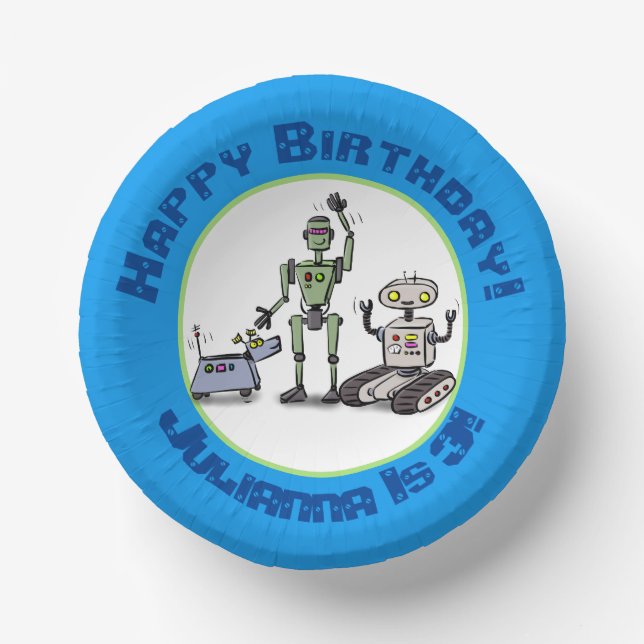 Happy cute robots trio cartoon paper bowls (Front)