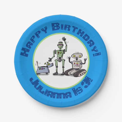 Happy cute robots trio cartoon paper plates