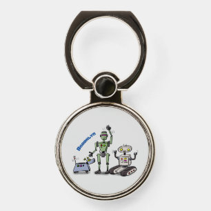Happy cute robots trio cartoon phone ring stand