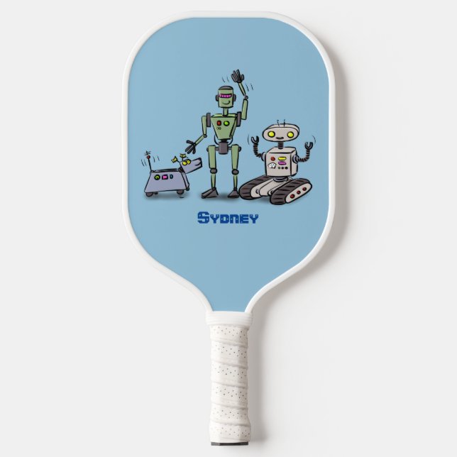 Happy cute robots trio cartoon  pickleball paddle (Front)