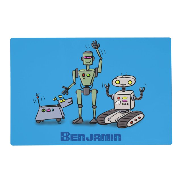 Happy cute robots trio cartoon placemat (Front)