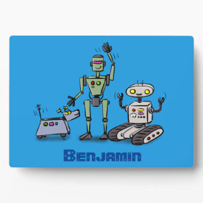 Happy cute robots trio cartoon plaque