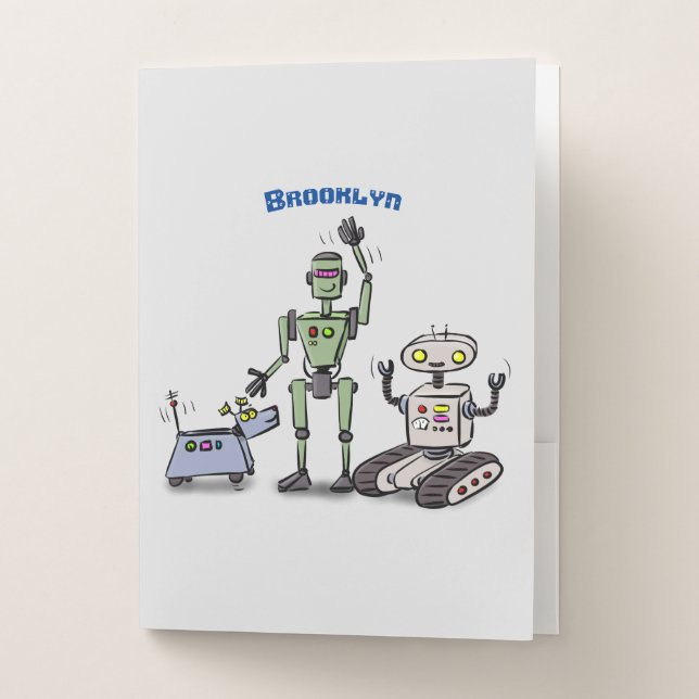 Happy cute robots trio cartoon pocket folder (Front)
