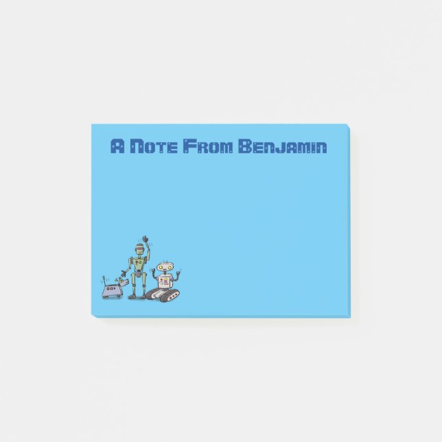 Happy cute robots trio cartoon post-it notes (Front)