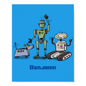 Happy cute robots trio cartoon poster