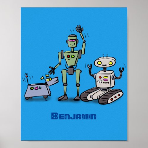Happy cute robots trio cartoon poster