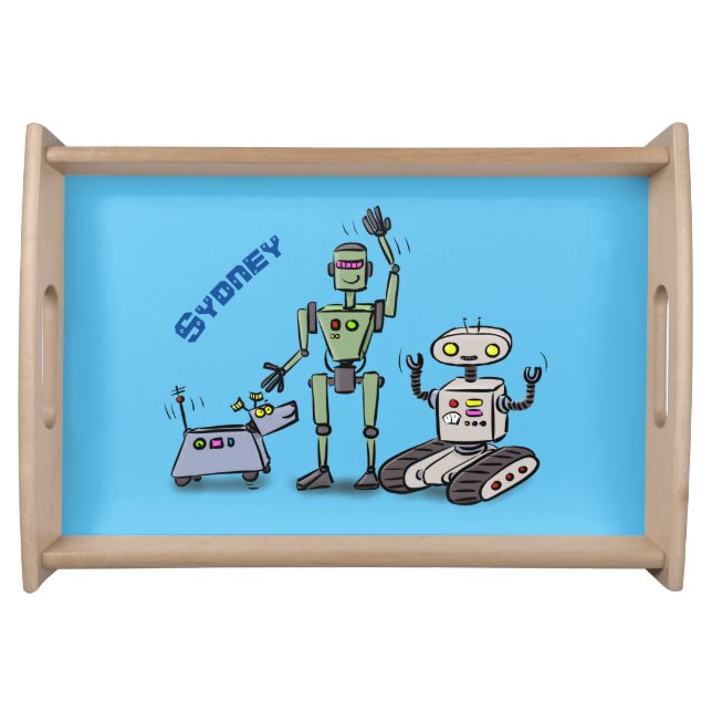 Happy cute robots trio cartoon serving tray (Front)