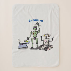 Happy cute robots trio cartoon sherpa blanket