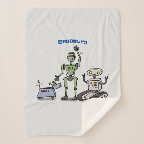 Happy cute robots trio cartoon sherpa blanket