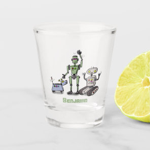 Happy cute robots trio cartoon shot glass