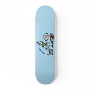 Happy cute robots trio cartoon skateboard