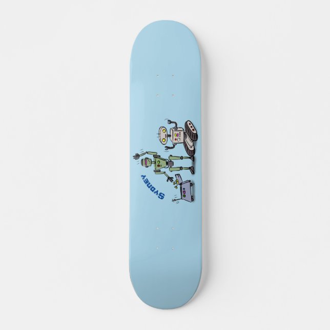 Happy cute robots trio cartoon skateboard (Front)