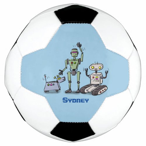 Happy cute robots trio cartoon soccer ball