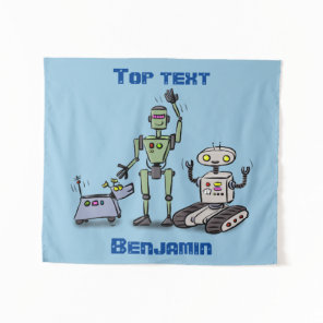 Happy cute robots trio cartoon tapestry