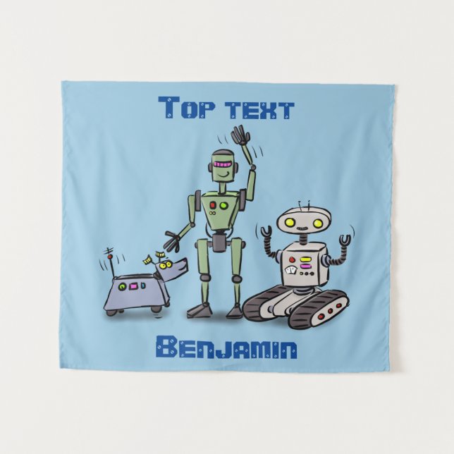 Happy cute robots trio cartoon tapestry (Front (Horizontal))