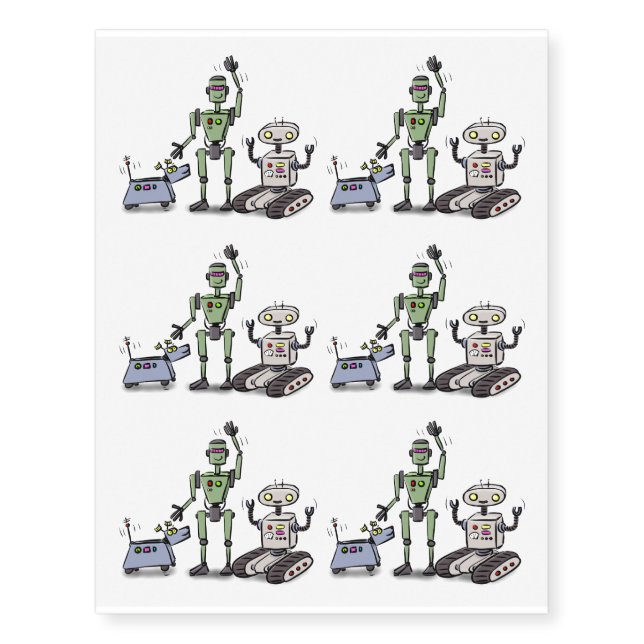 Happy cute robots trio cartoon temporary tattoos (Front)
