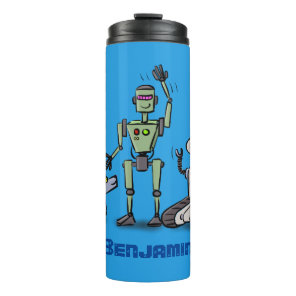Happy cute robots trio cartoon thermal tumbler